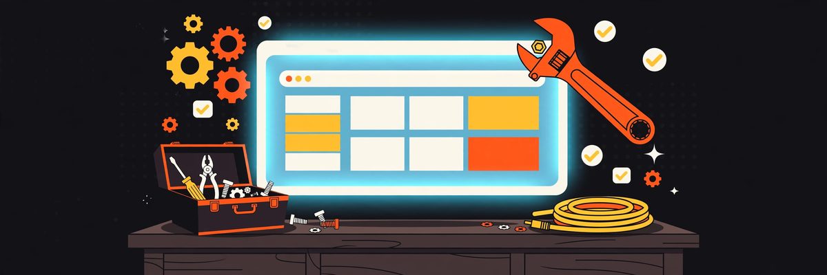 Illustration of a fix-it workbench where a website is being repaired with a wrench